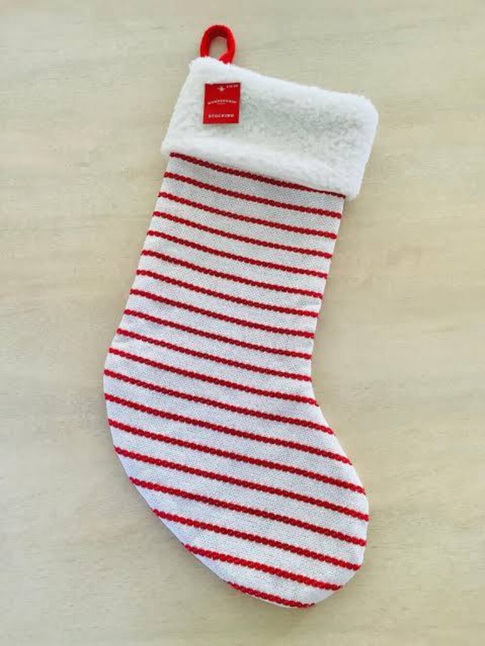 Wondershop Red and White Striped Christmas Stocking 20” Faux Shearling Cuff New!
